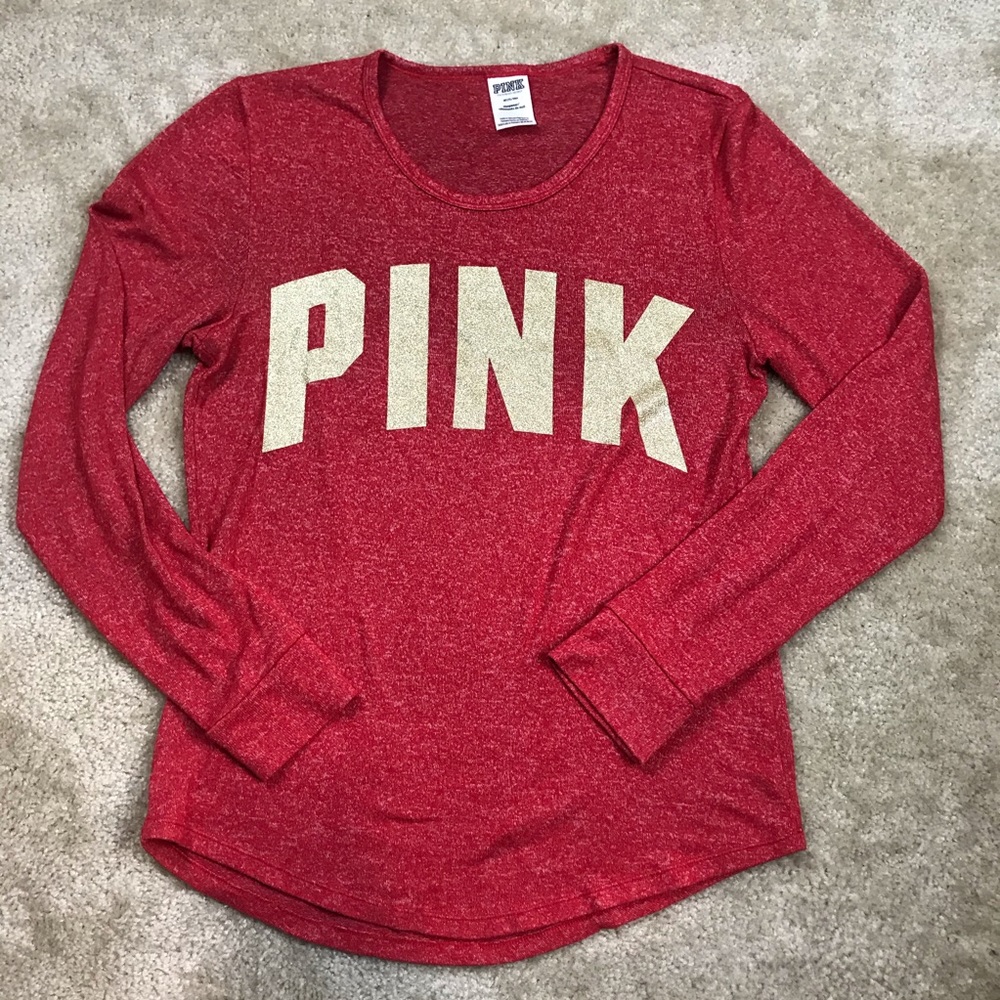 PINK Victoria's Secret Logo Sleep Shirt Womens Size Medium Red Gold Long Sleeve